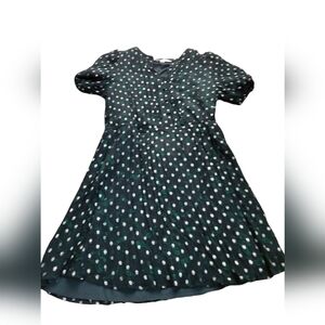 LOFT metallic foil pattern emerald green silver festive party dress puff sleeve